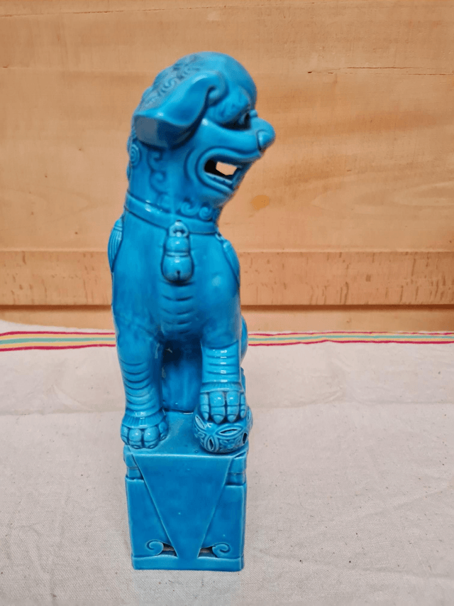 Art D’Asie Chien De Foo En Porcelaine À Glaçure Bleu Turquoise Chine 25,5 Cm