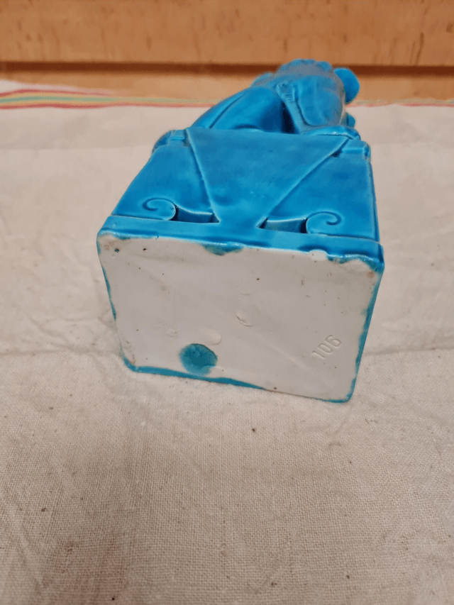 Art D’Asie Chien De Foo En Porcelaine À Glaçure Bleu Turquoise Chine 25,5 Cm