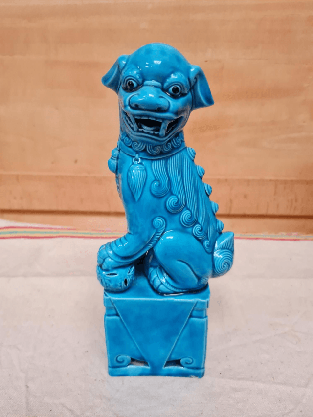 Art D’Asie Chien De Foo En Porcelaine À Glaçure Bleu Turquoise Chine 25,5 Cm