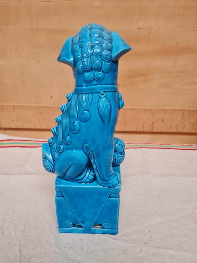 Art D’Asie Chien De Foo En Porcelaine À Glaçure Bleu Turquoise Chine 25,5 Cm