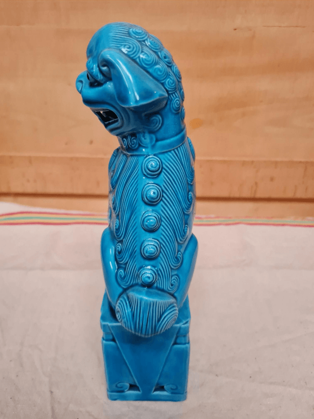 Art D’Asie Chien De Foo En Porcelaine À Glaçure Bleu Turquoise Chine 25,5 Cm
